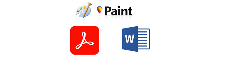 Ikoner för Paint, Adobe Acrobat (PDF) och Microsoft Word på vit bakgrund.